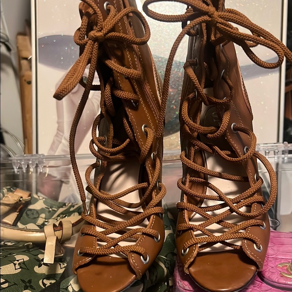 Women's Brown Lace-Up Open Toe Heels